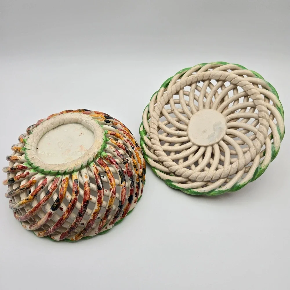 Vintage Lidded Spanish Porcelain Woven Trinket Box Lattice Potpourri Bowl Spain